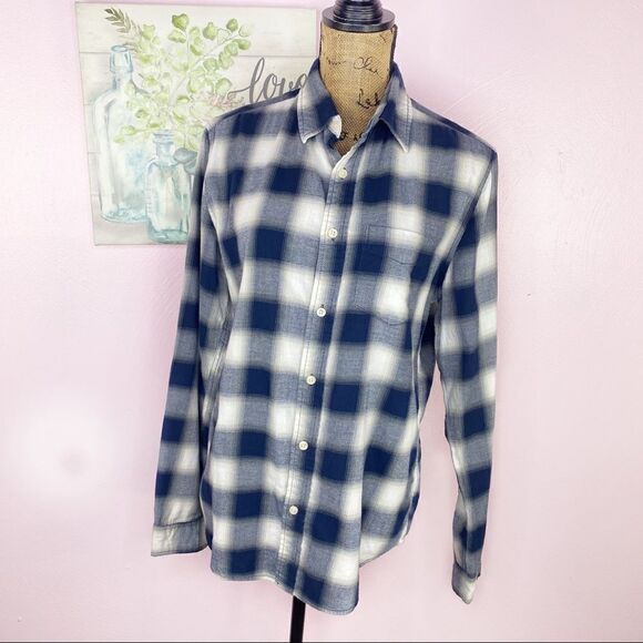 Cape Juby Plaid Flannel Button Front Shirt Blue Cream Size Small - Picture 1 of 11